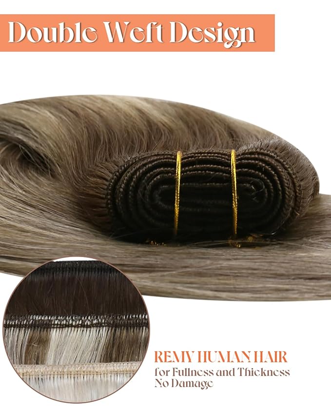 Sunny Hair Sew in Hair Extensions Real Human Hair 22inch Human Hair Extensions Sew in Dark Brown Roots to Light Brown Balayage Blonde Human Hair Weft Extensions Long Straight Hair 100g