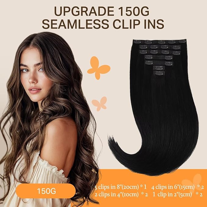 DOORES Clip in Hair Extensions Invisible Edge, Jet Black 150g 7pcs 22 Inch Clip in Virgin Hair Extensions Thick Weft for Women