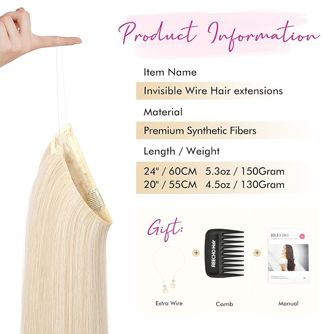 REECHO Invisible Wire Hair Extensions with Transparent Headband Adjustable Size Removable Secure Clips in Straight Secret Hairpiece for Women (24 Inch, Light Blonde)