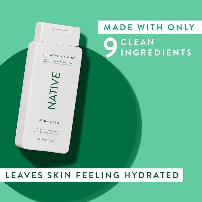 Native Body Wash Contains Naturally Derived Ingredients | For Women & Men, Sulfate, Paraben, & Dye Free Leaving Skin Soft and Hydrated | Eucalyptus & Mint 18 oz