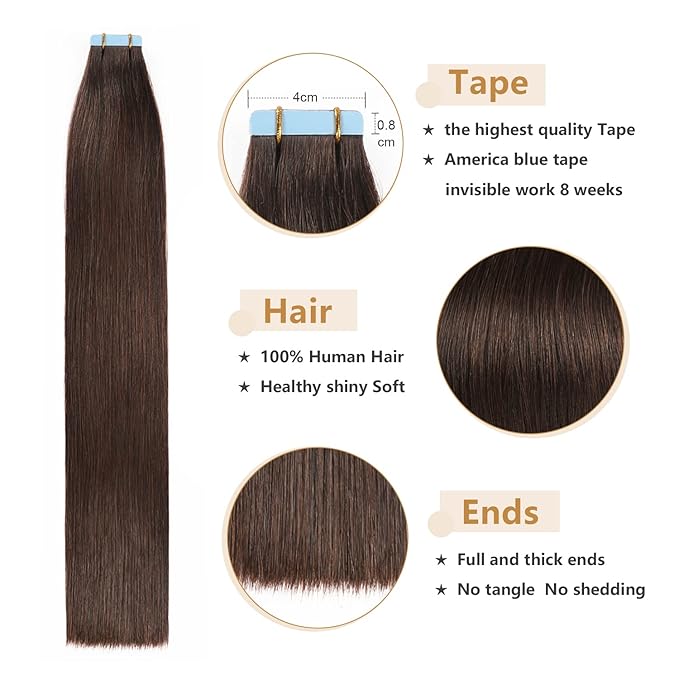 YILITE Tape in Hair Extensions Human Hair 24 inch #2 20pcs 50g Silky Straight Real Remy Human Hair Extensions Tape in #2 Darkest Brown Color(24Inch #2 Darkest Brown）