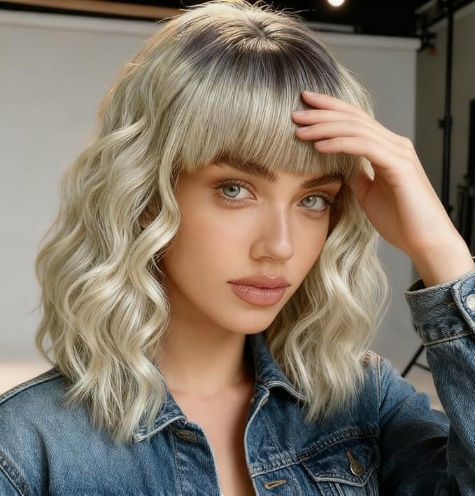 WAVE&BREEZE Blonde Wig with Bangs Short Wavy Bob Wigs for Women Natural Looking Ombre Blonde Hair Replacement Wigs Shoulder Length Daily Party Cosplay Costume Halloween Hair