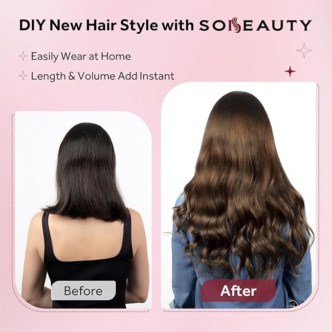 Clip in Hair Extensions Real Human Hair, 100% Remy Chocolate Brown Hair Extensions for Long Hair, Tangle-free&Shedding-free, #4 22Inch 120G 7PCS