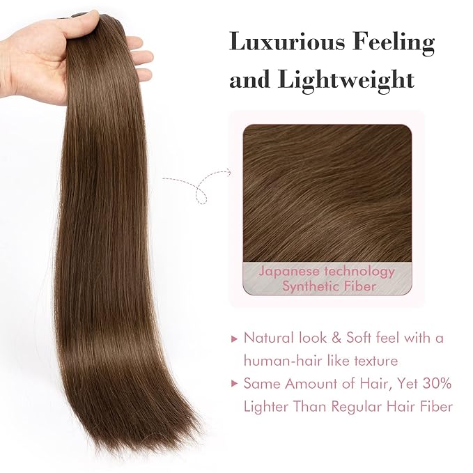REECHO Clip in Hair Extensions, Hair Extensions Thick Long Lace Weft Lightweight Synthetic Hairpieces for Women (24 Inch-240 Gram(Pack of 5), Chestnut Brown)
