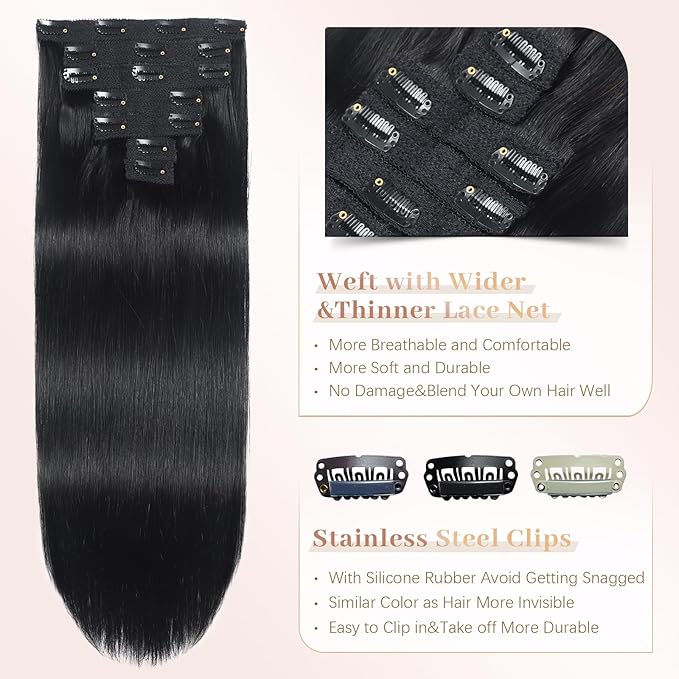 Sisily Clip in Hair Extensions Real Human Hair, 24 inch 120g, Jet Black, 100% Brazilian Remy Human Hair Clip in Extensions Soft Straight 7pcs Per Set with 16 Clips Double Weft