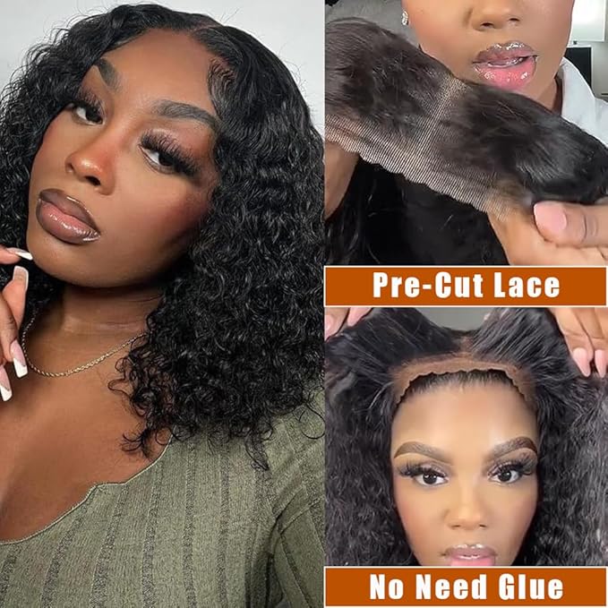 Glueless Wigs Human Hair pre plucked Pre Cut Short Curly Bob Lace Front Wigs for Black Women 5x5 Lace Closure Glueless Wig with Elastic Band for Beginners 10 Inch