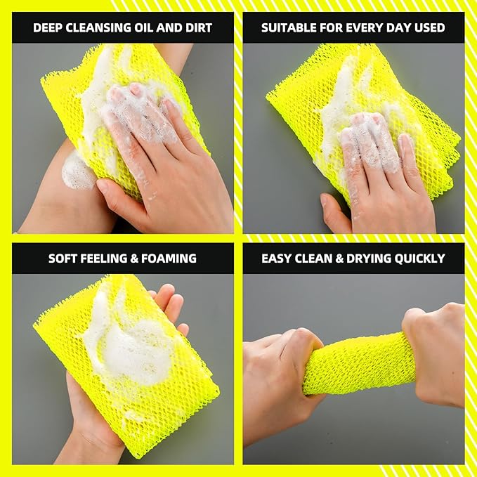 Geiserailie African Net Sponge Long Bathing Net Shower Body Scrubber Back Scrubber Skin Smoother Bathing Sponge for Daily Use or Stocking Stuffer(Luminous Yellow)