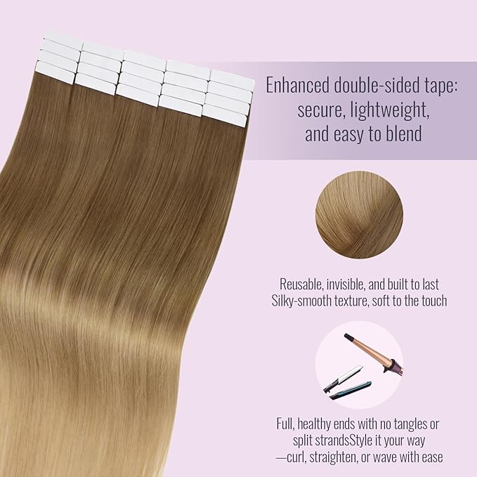 Fshine Balayage Tape in Hair Extensions - Human Hair Color 10 Golden Brown to 14 Dark Blonde - Seamless - 18 Inch Straight - 20 pcs 50 g,Designed to Boost Volume & Length