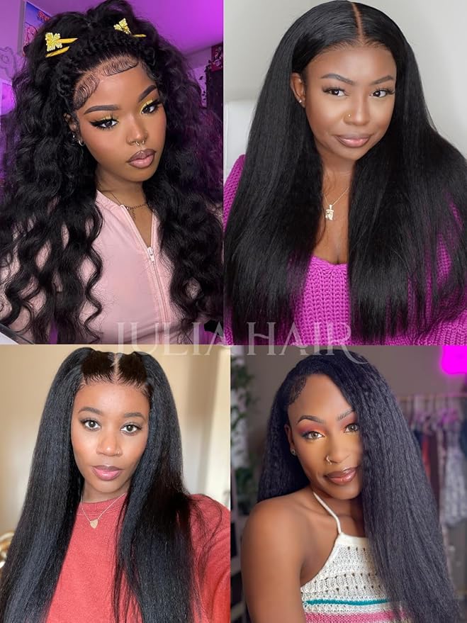 Julia Hair V Part Human Hair Wig Kinky Straight for Women Glueless Wigs Brazilian Virgin Human Hair Wigs Upgrade Upart Wig No Leave Out No Glue No Sew Natural Black Beginner Friendly 24 Inch