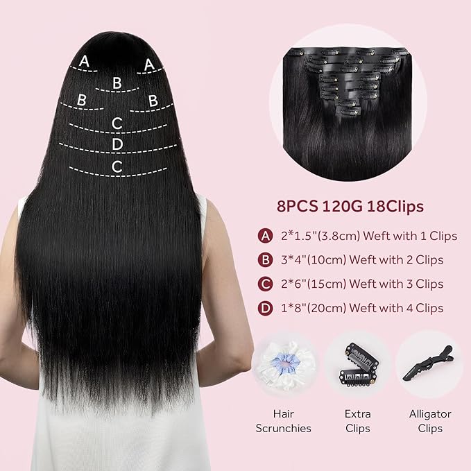Clip in Hair Extensions Real Human Hair Natural Black Seamless Clip In 100% Remy Hair Extensions PU Skin Weft Add Volume Invisible for Long Straight Hair #1B 16Inch 120G 8PCS