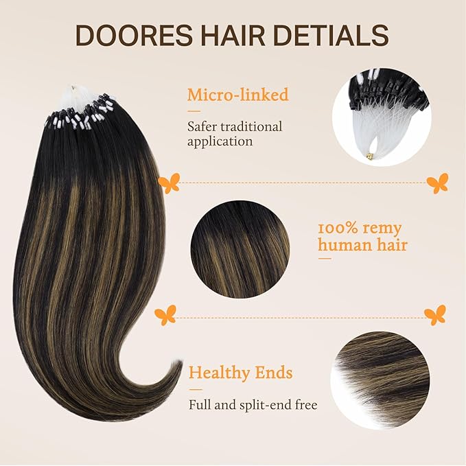 DOORES Microlink Hair Extensions, Natural Black to Chestnut Brown 24 Inch 50g/50s, Invisible MicroBead Hair Extensions for Women, Human Hair Extensions