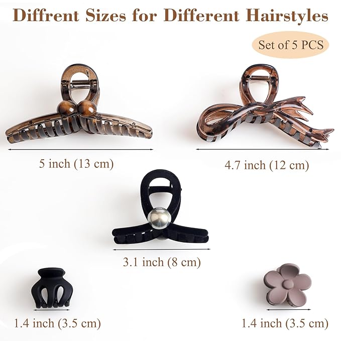 Classic Assorted Hair Claw Clips for Women Thick/Thin Hair, Set of 5, Brown & Black (01)