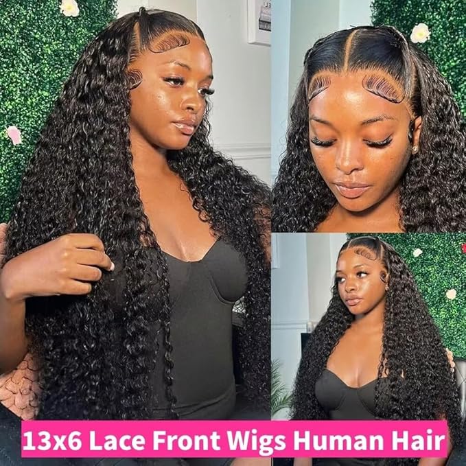 30 Inch 13x6 Deep Wave Lace Front Wigs Human Hair 180 Density Curly Human Hair Wig for Women Natural Black HD Transparent Lace Glueless Frontal Wigs Human Hair Pre Plucked