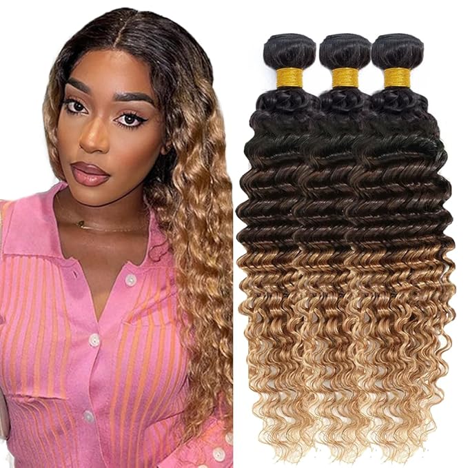T1B/4/27 Bundles Human Hair Ombre Kinky Curly Bundles 8A Brazilian Unprocessed Virgin Hair 3 Bundles 26 28 30 Inch Three Tone Brown And Honey Blonde Bundles