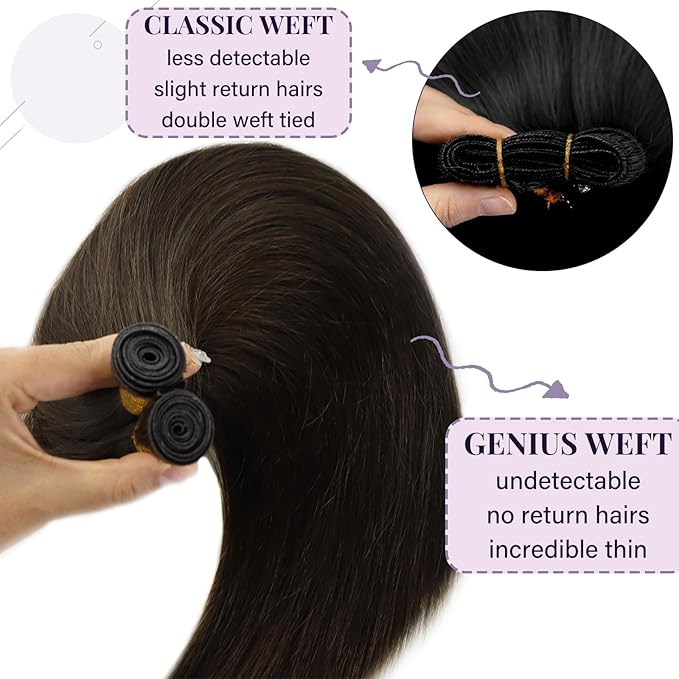 Fshine Genius Weft Real Human Hair Genius Weft for Women Darkest Brown Color 2 16 Inch 50 Gram Hair Bundle Remy Human Hair Bundle Natural Hair Weave Brown Human Hair Extensions