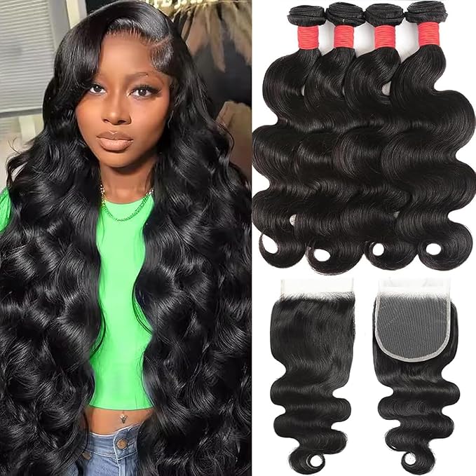 12A Human Hair Bundles with Closure 16 18 20 22+14 Inch Body Wave 4 Bundles Human Hair with 5x5 HD Lace Closure Brazilian Unprocessed Virgin Natural Black