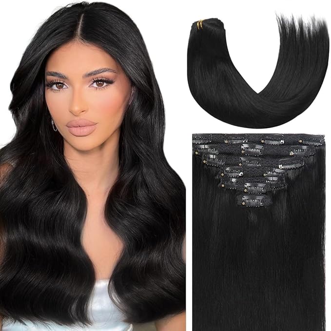 Caliee Clip in Hair Extensions Human Hair 14Inch Color 1 Jet Balck Double Weft Invisible Real Hair Clip in Human Hair Extensions Invisible Lace Straight Soft Hair 120G 7Pcs