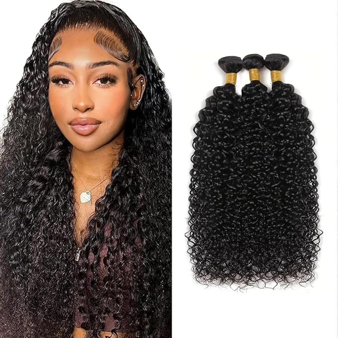 Kinky Curly Bundles 1B Curly Human Hair Bundles 22 24 26 inch Wet and Wavy Bundle Natural Black 300g