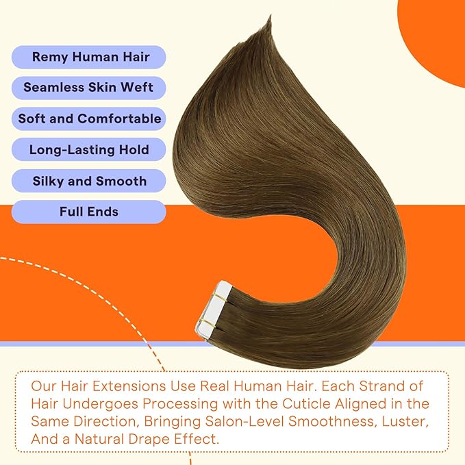 Full Shine Human Hair Extensions Tape in Color 3 Brown Tape in Hair Extensions Human Hair Brazilian 24 Inch Invisible Seamless Skin Weft 20PCS Straight Soft and Silky 50 Grams for Party