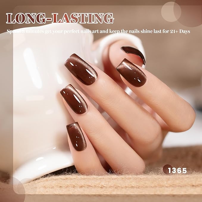 RARJSM Coffee Brown Ceramic Glitter Cat Eye Gel Nail Polish Set 6pcs Nude Light Mocha Brown Champagne Ruby Red Dark Cherry Red Jelly Sparkle Diamond Silver Shimmer Cateye Gelpolish Curing Requires
