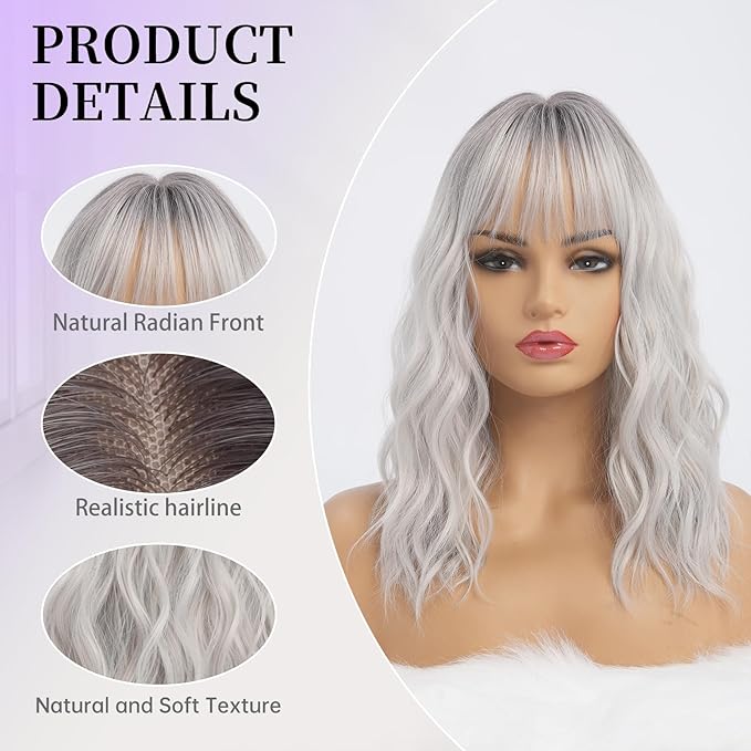 Silver Wigs for Women Ombre Grey Wavy Wig with Bangs Dark Roots Synthetic Hair Wig Medium Middle Length Bob Wig Water Wave Gray Colorful Wigs for Daily Party Cosplay Use (16 inch)