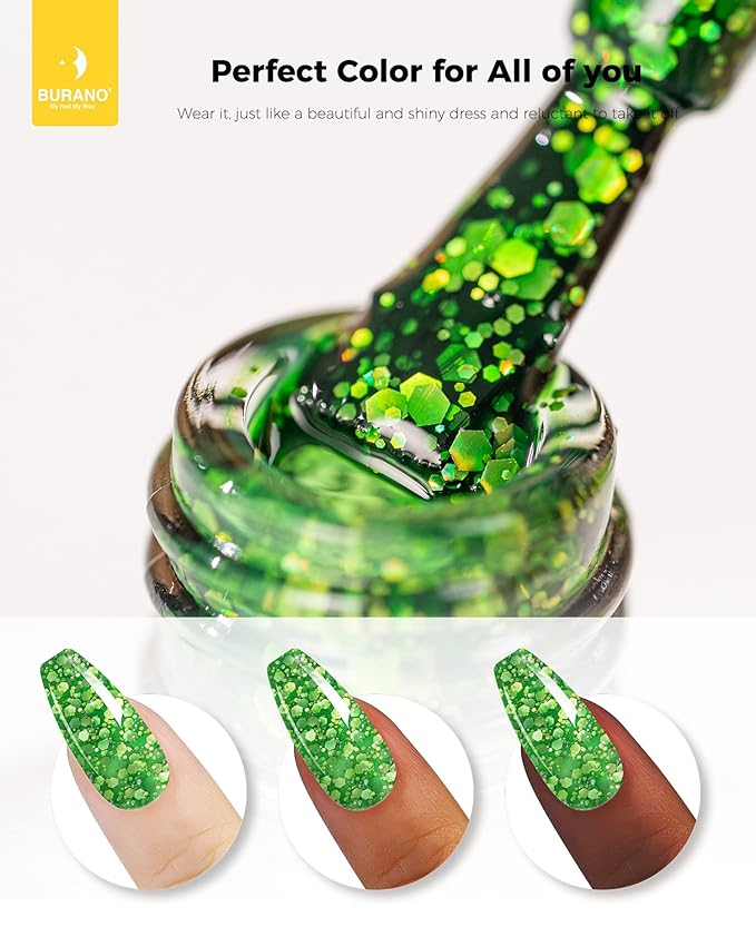 BURANO Glitter Gel Nail Polish, LED UV Nail Gel Shimmer Holographic Effect Soak off DIY Nail Salon (Green LP8)