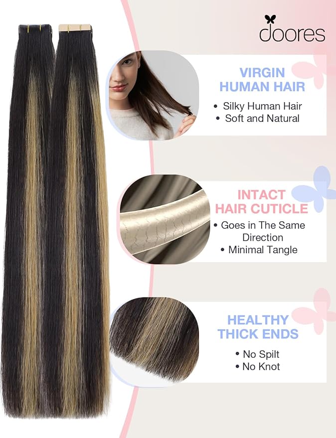 DOORES Invisi Edge Hair Extensions Tape in, Natural Black to Light Blonde 10 Injection Tape-ins with 10 Classic Tape-ins 50g 24 Inch, Injection Tape in Extensions Virgin Hair Thick Ends