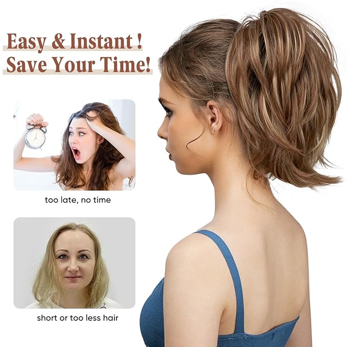 CJL HAIR Claw Clip Short Ponytail Hair Extensions DIY Bendable Metals Messy Bun Hair Piece for Wonen Straight Synthetic Fake Hairpieces Dark Brown