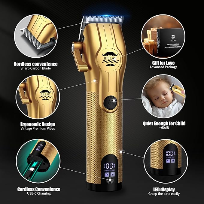 BILLAR Professional Barber Clippers and Trimmer Set - Foil Shaver Professional Hair Clippers for Men, Mens Cordless Hair Clipper for Barbers Haircut Kit（Golden）