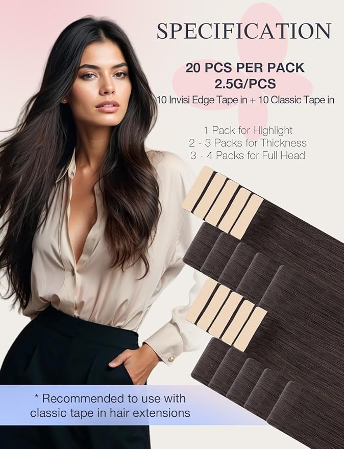DOORES Seamless Tape in Human Hair Extensions Invisi Edge, Dark Brown 10 Injection Tape-ins with 10 Classic Tape-ins 50g 24 Inch, Virgin Human Hair Injection Tape in Extensions