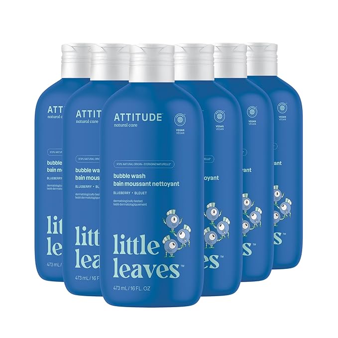 ATTITUDE Bubble Wash for Kids, EWG Verified Bubble Bath, Hair Shampoo and Body Soap, Dermatologically Tested, Plant- and Mineral-Based, Vegan, Blueberry, 16 Fl Oz (Pack of 6)