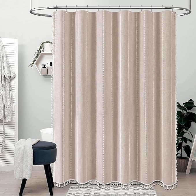 BTTN 80 Inch Long Shower Curtain - 72x80 Boho Chic Farmhouse Linen Thick Striped Fabric Shower Curtain Set with Plastic Hooks, Tall Rustic Country Luxury Cloth Shower Curtains for Bathroom - Tan/Taupe