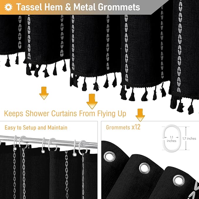 BTTN Extra Long Shower Curtain, 96 Inch Boho Rustic Striped Fabric Shower Curtain Set with Tassel, Water Repellent, Tall Chic Farmhouse Shower Curtain for Bathroom with Hooks, 72x96, Black and White