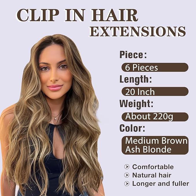 NAYOO Clip in Hair Extensions for Women 20 Inch Long Wavy Curly Medium Brown Ash Blonde Hairpieces Full Head Synthetic Hair Hairpieces (6PCS, Medium Brown Ash Blonde)