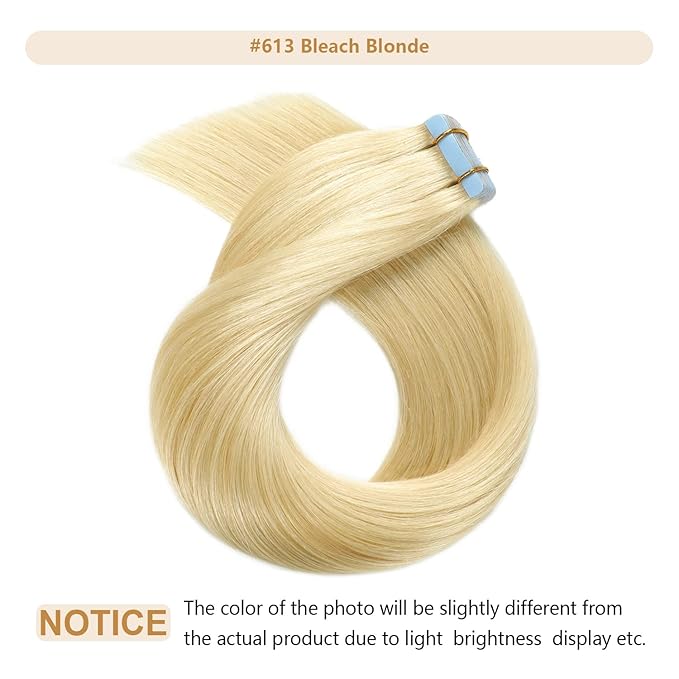 YILITE Tape in Hair Extensions Human Hair 12 inch #613 20pcs 40g Silky Seamless Straight Remy Tape in Human Hair Extensions 613 Bleach Blonde （12inch #613）