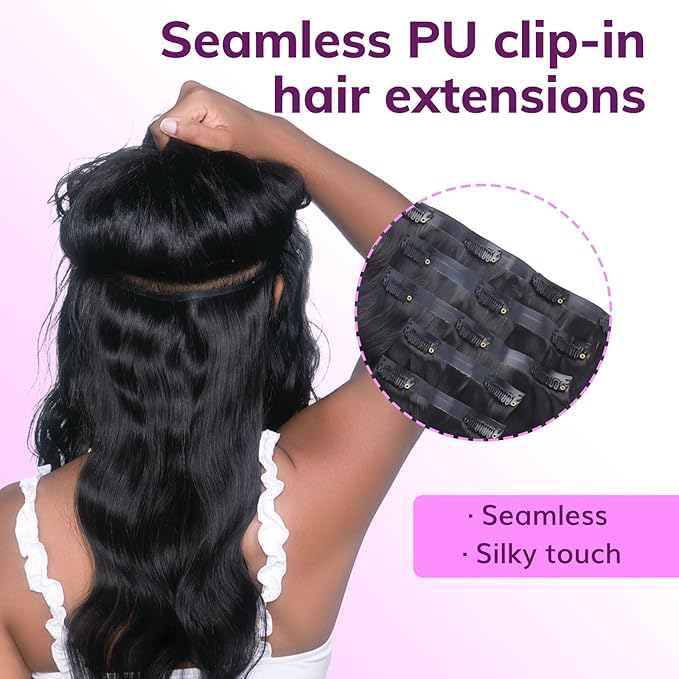 IDN BEAUTY Seamless Clip In Hair Extensions Human Hair, Body Wave 20 Inch 150g 9pcs Natural Black Real Virgin Human Hair Seamless Clip Ins For Black Women PU Weft Invisible Edge