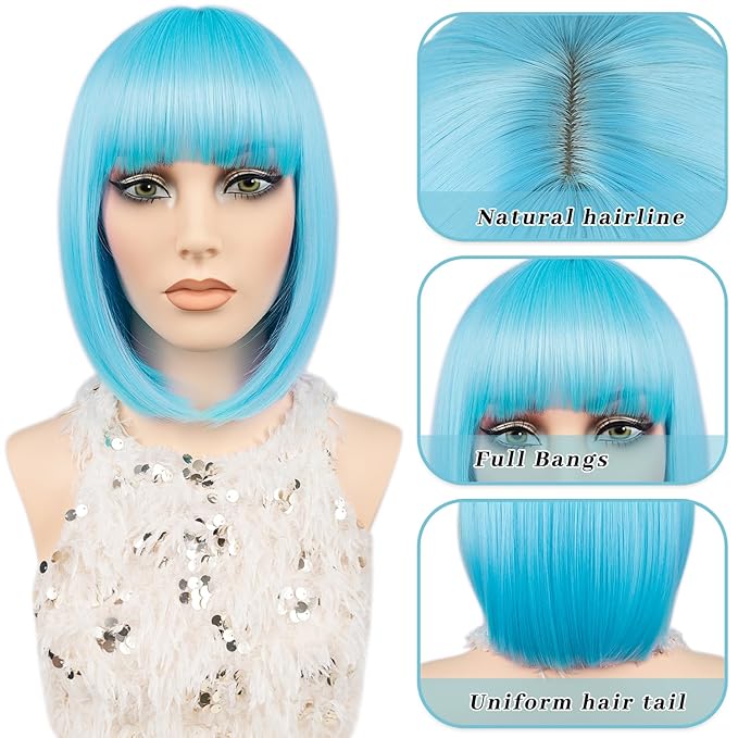 MAYSA Blue Wigs with Bangs Short Straight Bob Bangs Wig 12in Synthetic Cosplay Halloween Costume Wig for Women # Teal Blue