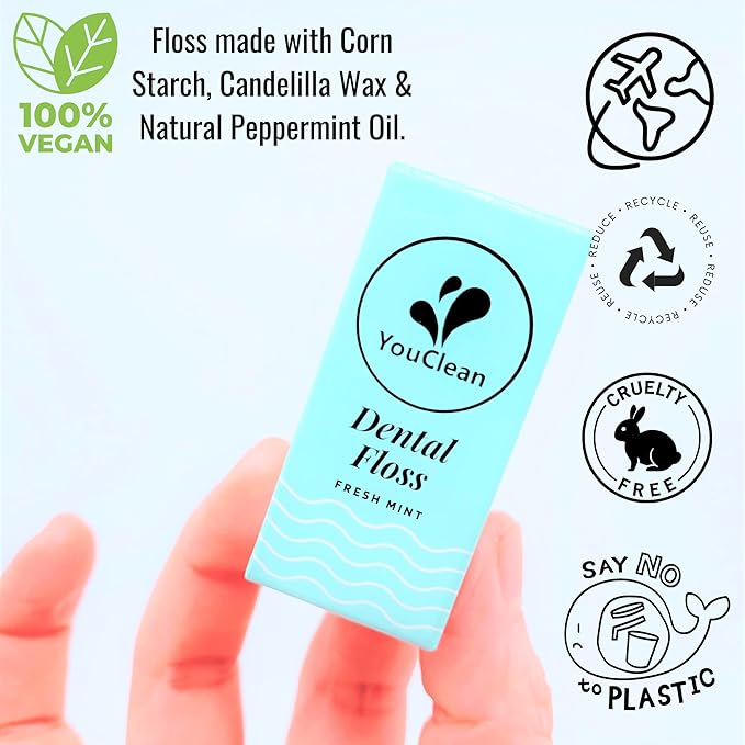 Natural Peppermint Essential Oil Infused Vegan Plant-Based Waxed Dental Floss 38 Yards/ 35 Meters in Refillable Glass Jar