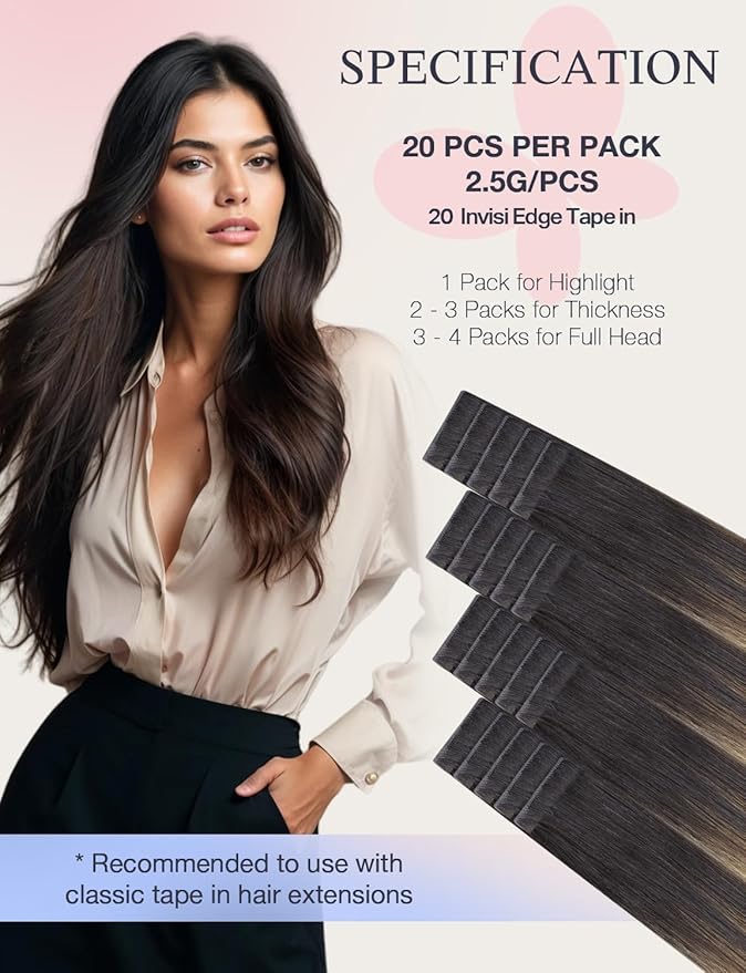 DOORES Invisi Edge Tape in Hair Extensions Human Hair, Dark Brown to Dirty Blonde 10 Injection Tapeins with 10 Injection Tapeins 50g 22 Inch, Injected Tape in Extensions