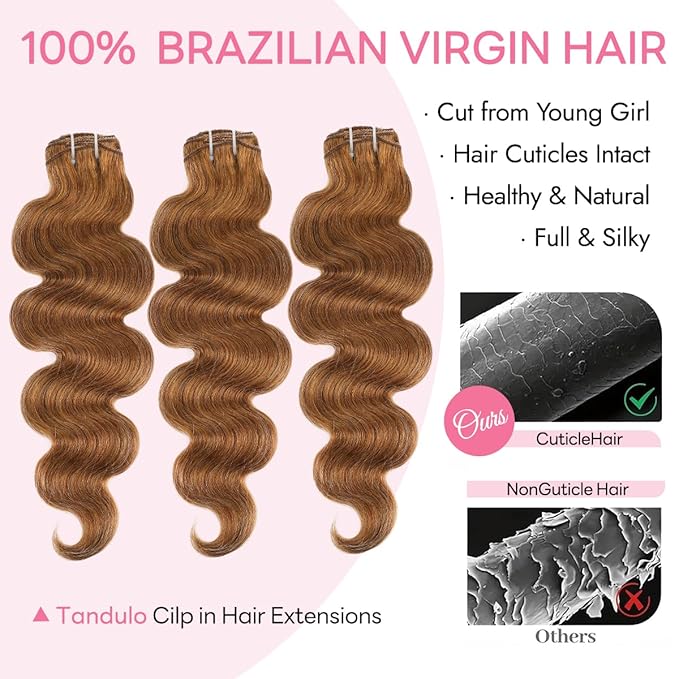 Clip in Hair Extensions Real Human Hair Body Wave 30 Auburn Ginger Clip in 100% Brazilian Remy Human Hair Extensions 8pcs Per Set with 18 Clips Double Weft 18 Inch 100g/3.6oz