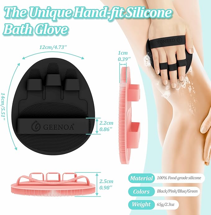 Silicone Bath Gloves 2PCS, 360° Anti-Slip Silicone Body Scrubber for Rich Foaming Deep Cleaning, Revolutionary No-Grip & Hand-fit Design Shower Scrubber for All Skin Types.(Black+Light Pink)