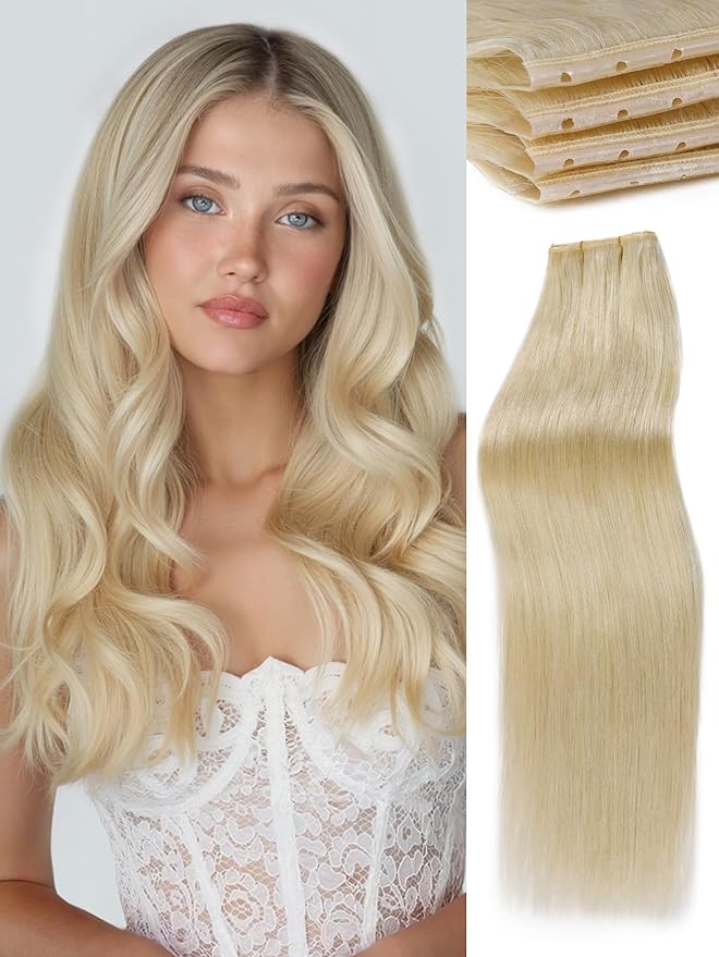 WIGNEE OVO Blonde 613 Human Hair Extensions 2 PCS | Warm Golden Undertones, No Glue Double Layer PU Base | Trimmable & Reusable 13x16" Wefts for Short/Thin Hair | Salon Quality