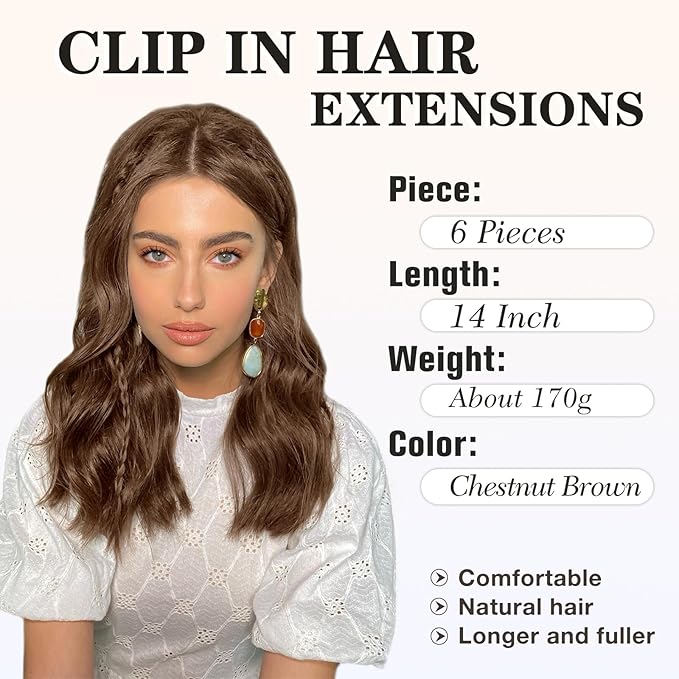 NAYOO Clip in Hair Extensions for Women 14 Inch Short Wavy Curly Chestnut Brown Hairpieces Full Head Synthetic Hair Hairpieces(6PCS,Chestnut Brown)