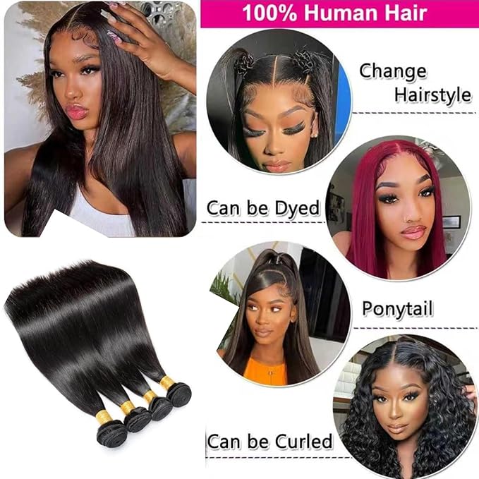 Straight Bundles Human Hair 24 26 28 30 Inch 100% Unprocessed Brazilian Virgin Hair 4 Bundles Hair Extension for Black Women Natural Color