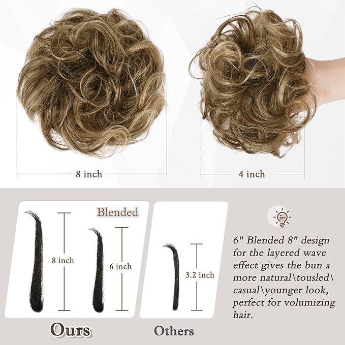 RUWISS Large Messy Bun Hair Piece 100% Human Hair Layered Wavy Curly Hair Buns Hair Piece for Women Updo Hairpiece for Daily Wear Real Hair Ponytail Extension (Chocolate Brown Highlighted Dark brown)