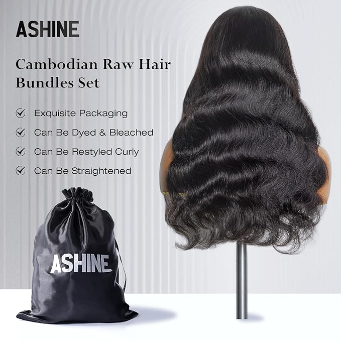 ASHINE Human Hair Bundle Body Wave Straight, Unprocessed Cambodian Raw Hair Bundles for Women Natural Black 16 Inch, Keep Soft and Silky After Multiple Washes