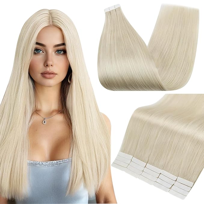 Full Shine Human Hair Extensions Tape ins 14 Inch Tape in Extensions Human Hair Color 1000 White Blonde Invisible Hair Extensions Tape Ins 20pieces Remy Extensions Real Human Hair 50grams Add Volume