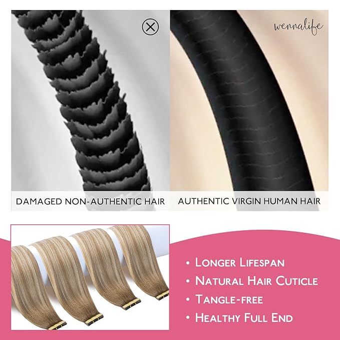 WENNALIFE Tape in Hair Extensions Human Hair Balayage Dirty Blonde with Platinum Ends Tape in Extensions, 10pcs 25g 16 inch Remy Invisible Tape Ins Straight Colored Soft Refill Set
