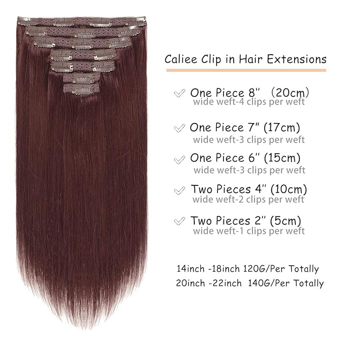 Caliee Clip in Human Hair Extensions Burgundy Wine Red 99J Straight Real Human Hair Extensions 140g 20 Inch Red Clip in Extensions 100% Virgin Hair Extensions 7PCS