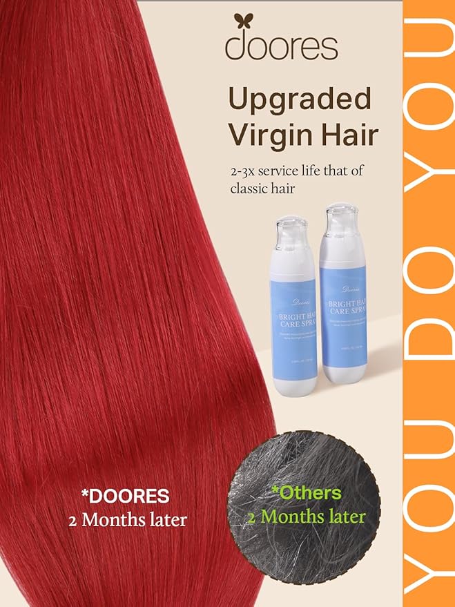 DOORES Remy Hair Tape in Human Hair Extensions, Red 14 Inch Straight Real Hair Skin Weft